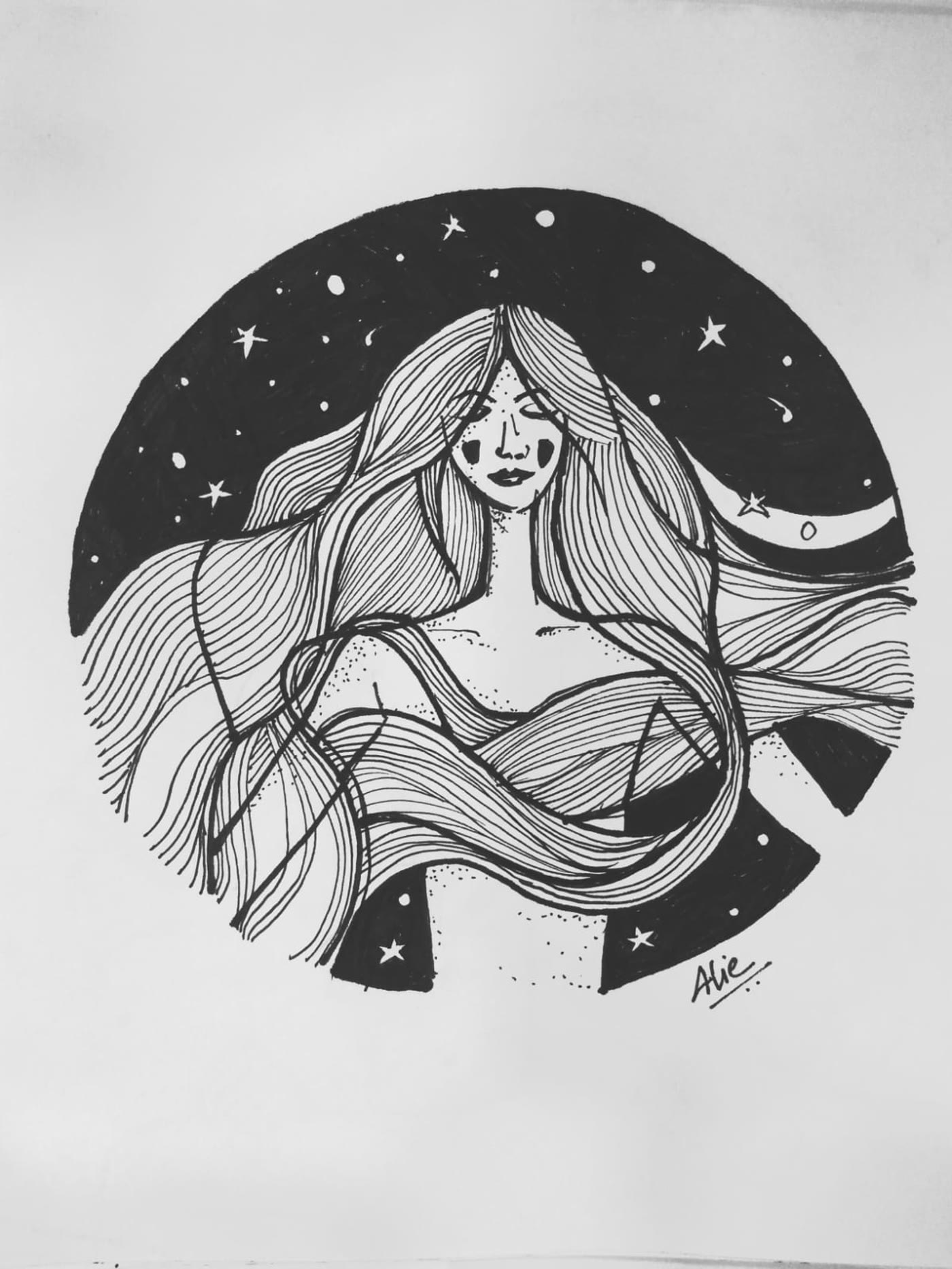 Ink illustration by Charlie Jain — a woman's portrait framed within a starry night sky circle