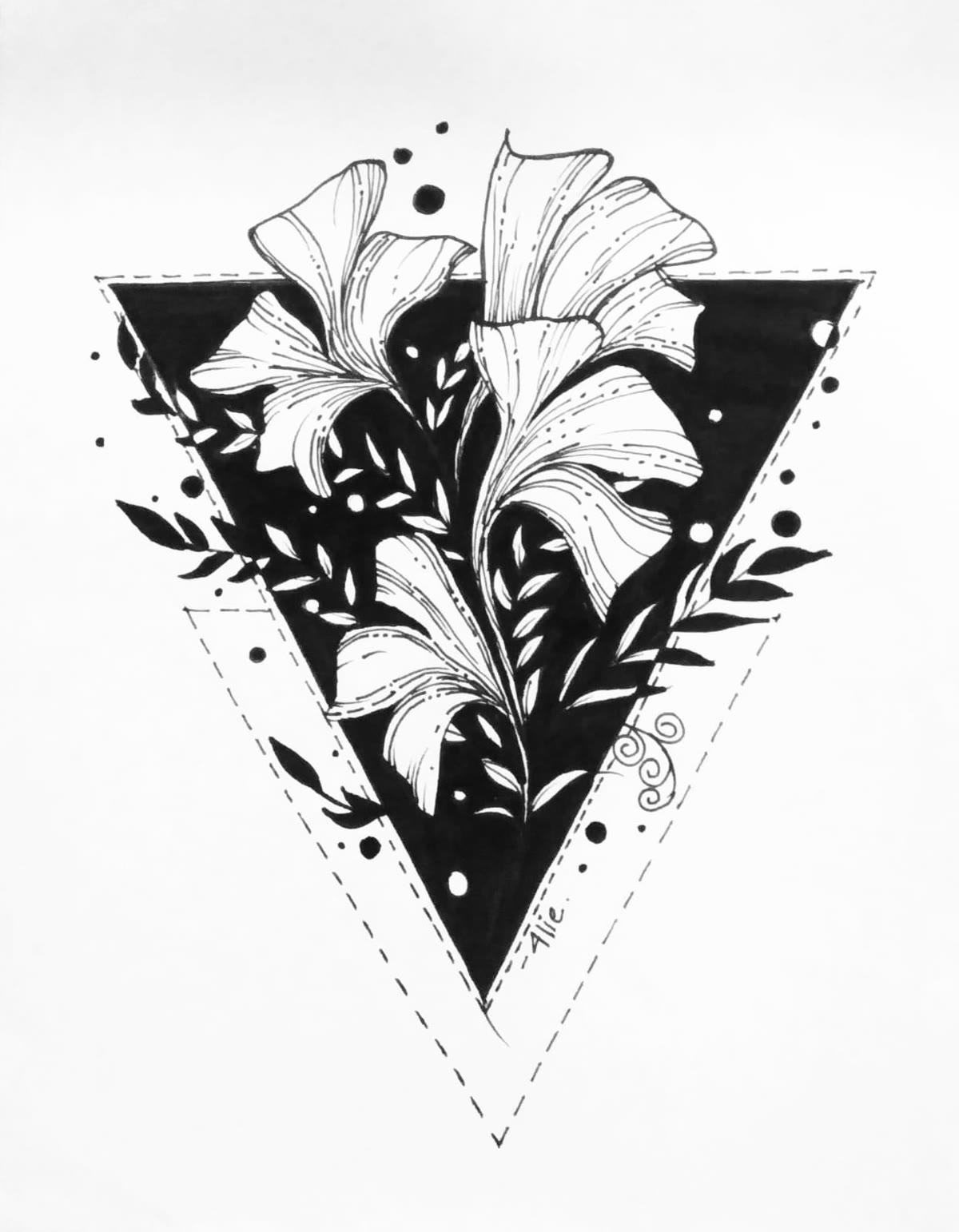 Ink illustration by Charlie Jain — lilies framed within a triangle
