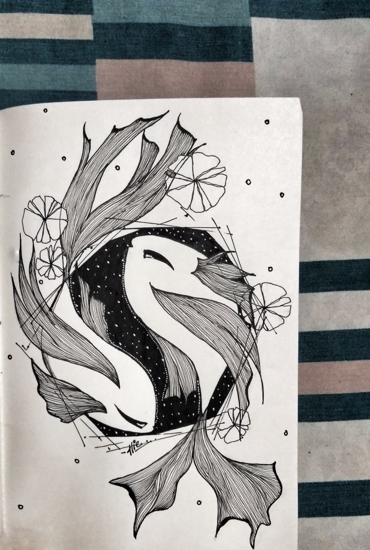Ink illustration by Charlie Jain — a swan encircled by florals