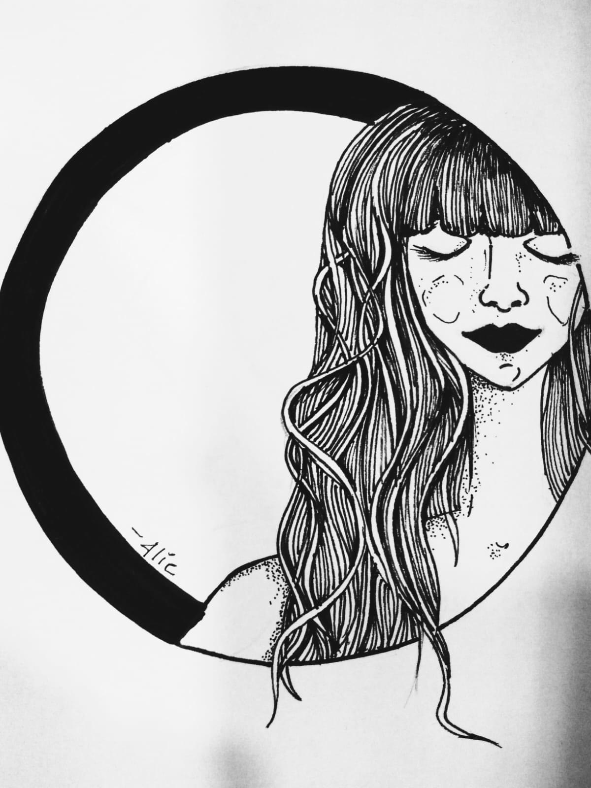 Ink illustration by Charlie Jain — a portrait framed within a circle