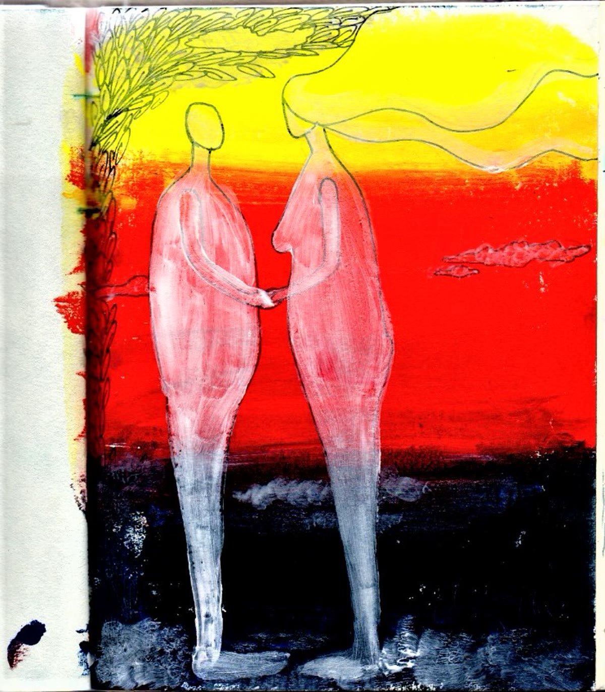Watercolor painting by Charlie Jain — two figures standing together at sunset
