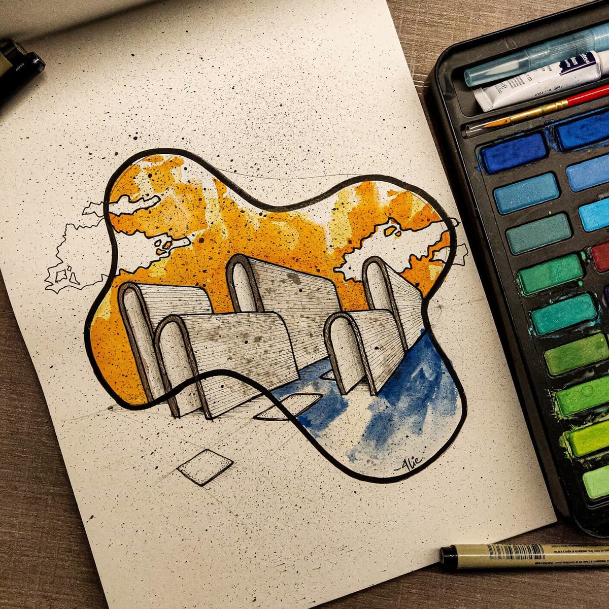 Ink and watercolor illustration by Charlie Jain — an arched bridge or tunnel structure