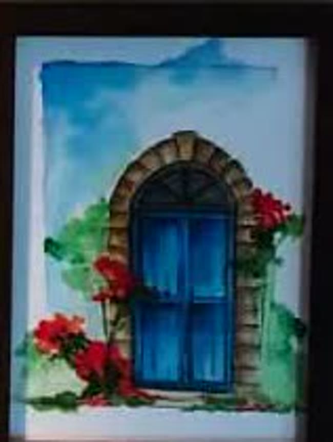 Watercolor painting by Charlie Jain — an arched blue door framed with flowers